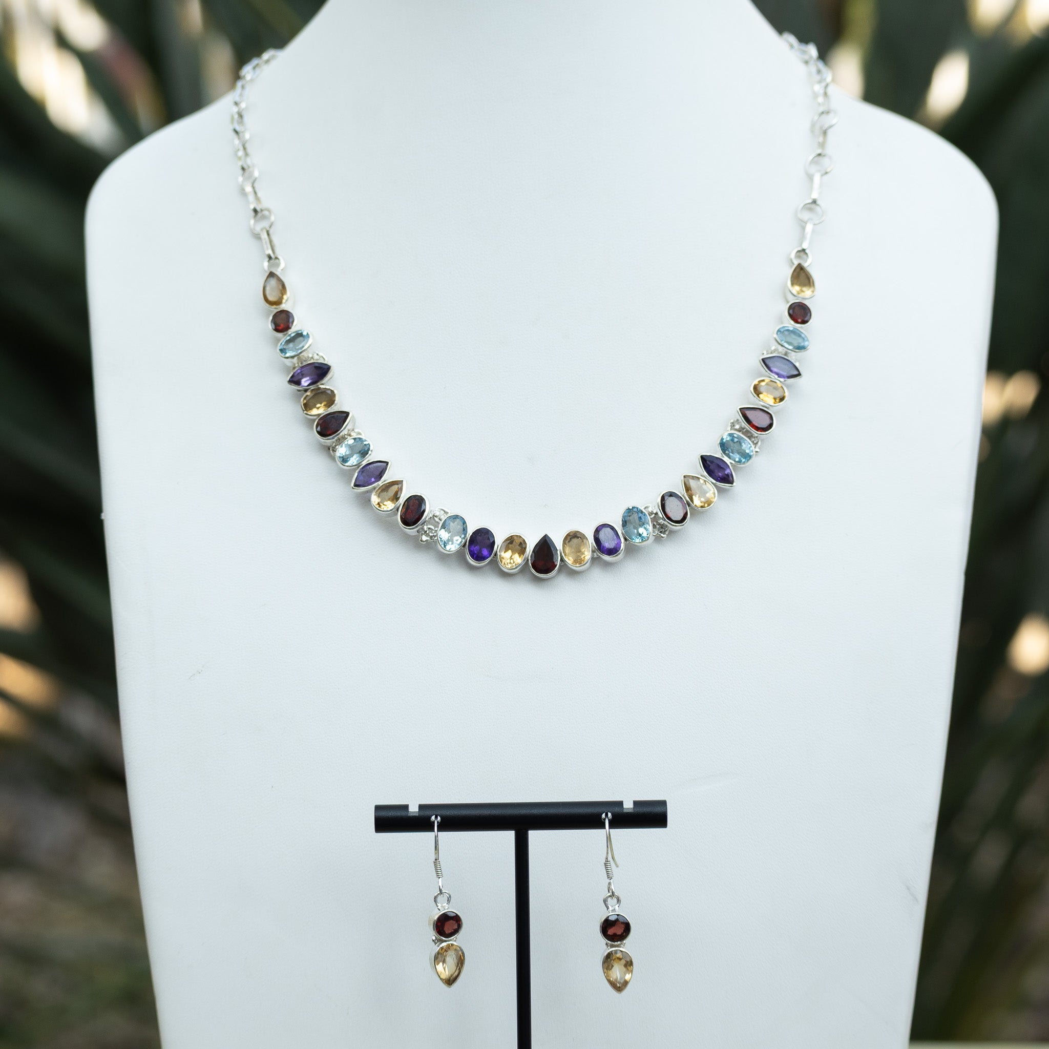Sterling Silver Multi-Colour Semi-Precious Stone Statement Necklace & Free Matching Earrings