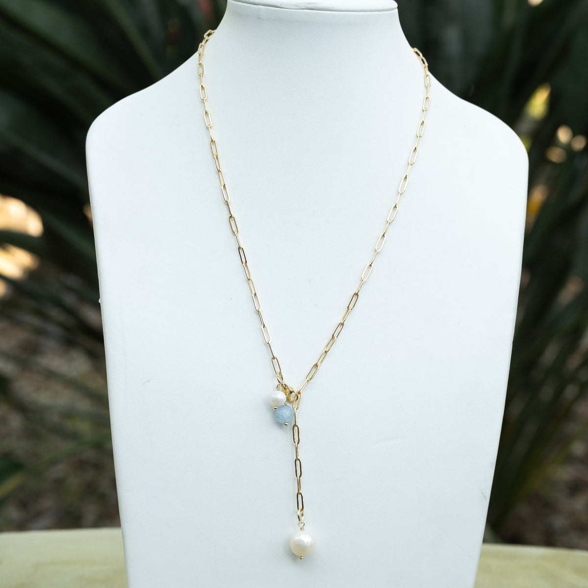 Elly 18ct Gold Plated Sterling Silver Freshwater Pearl & Gemstone Paperclip Necklace – 65cm