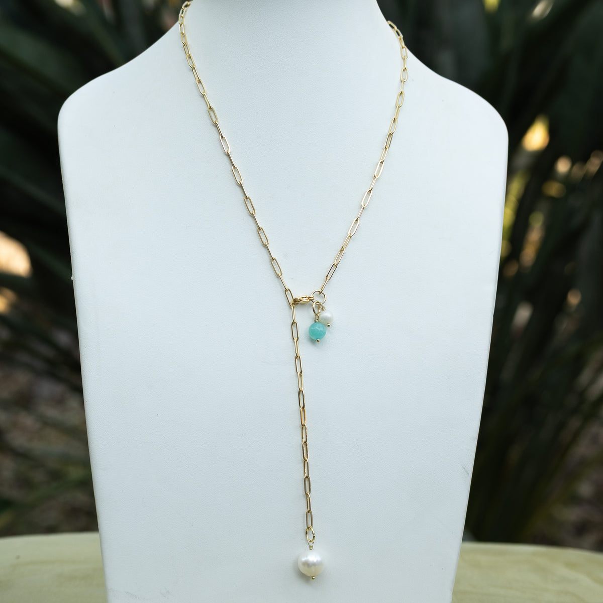 Elly 18ct Gold Plated Sterling Silver Freshwater Pearl & Gemstone Paperclip Necklace – 65cm