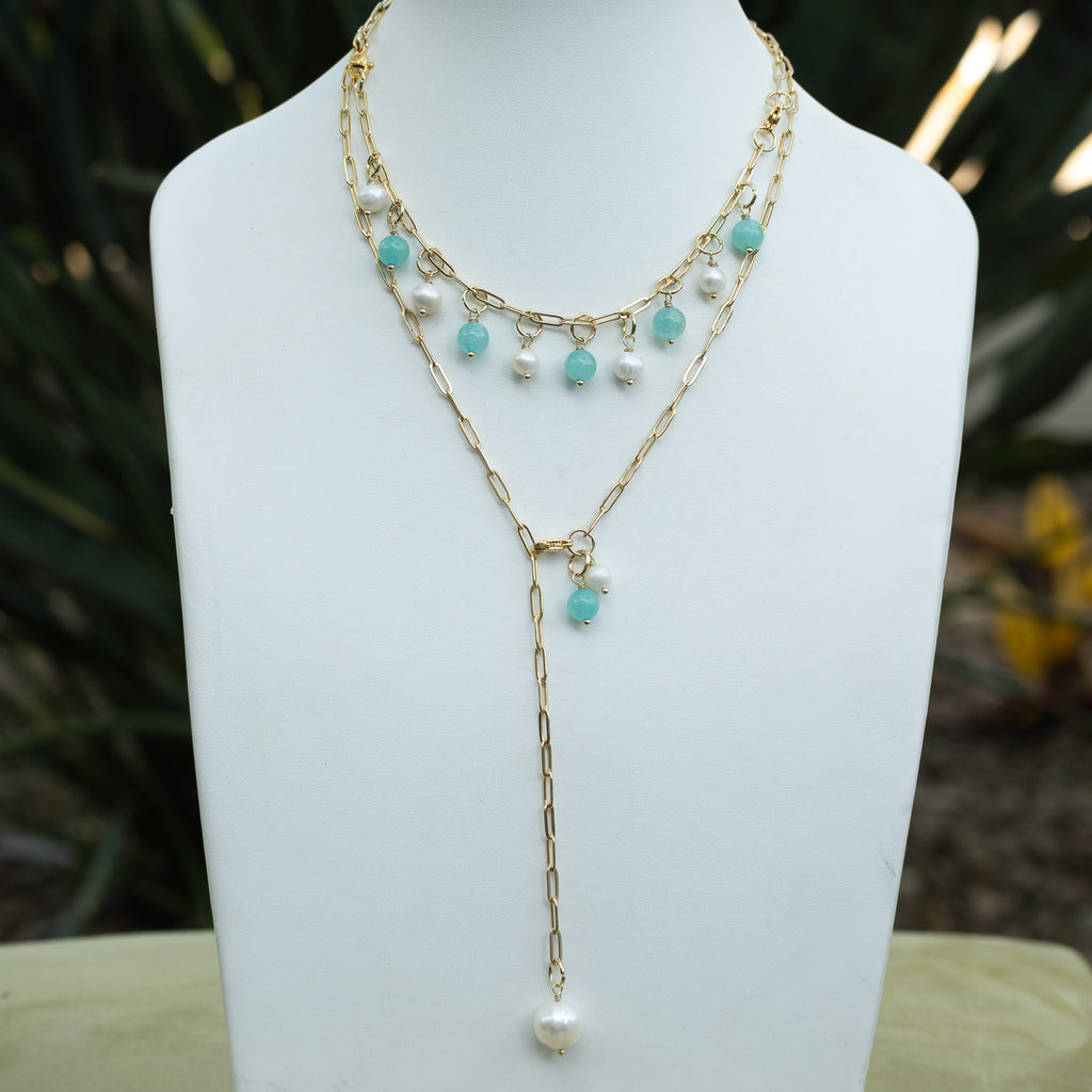 Elly 18ct Gold Plated Sterling Silver Freshwater Pearl & Gemstone Paperclip Necklace – 65cm