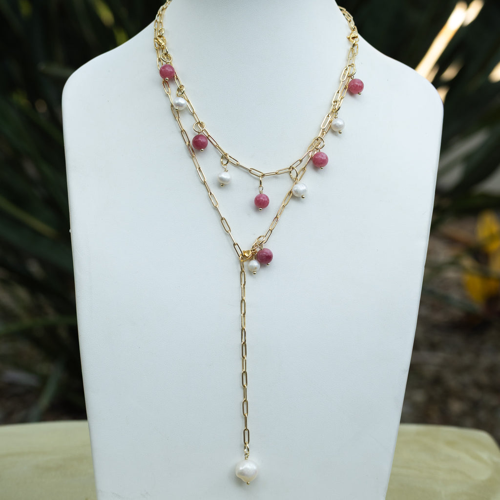 Elly 18ct Gold Plated Sterling Silver Freshwater Pearl & Gemstone Paperclip Necklace – 65cm