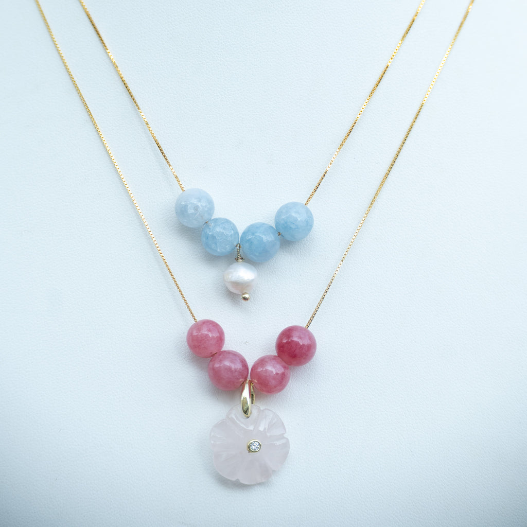 18ct Gold Plated Sterling Silver Four-Stone Slider Necklace with Flower or Pearl Pendant – 42cm / 45cm