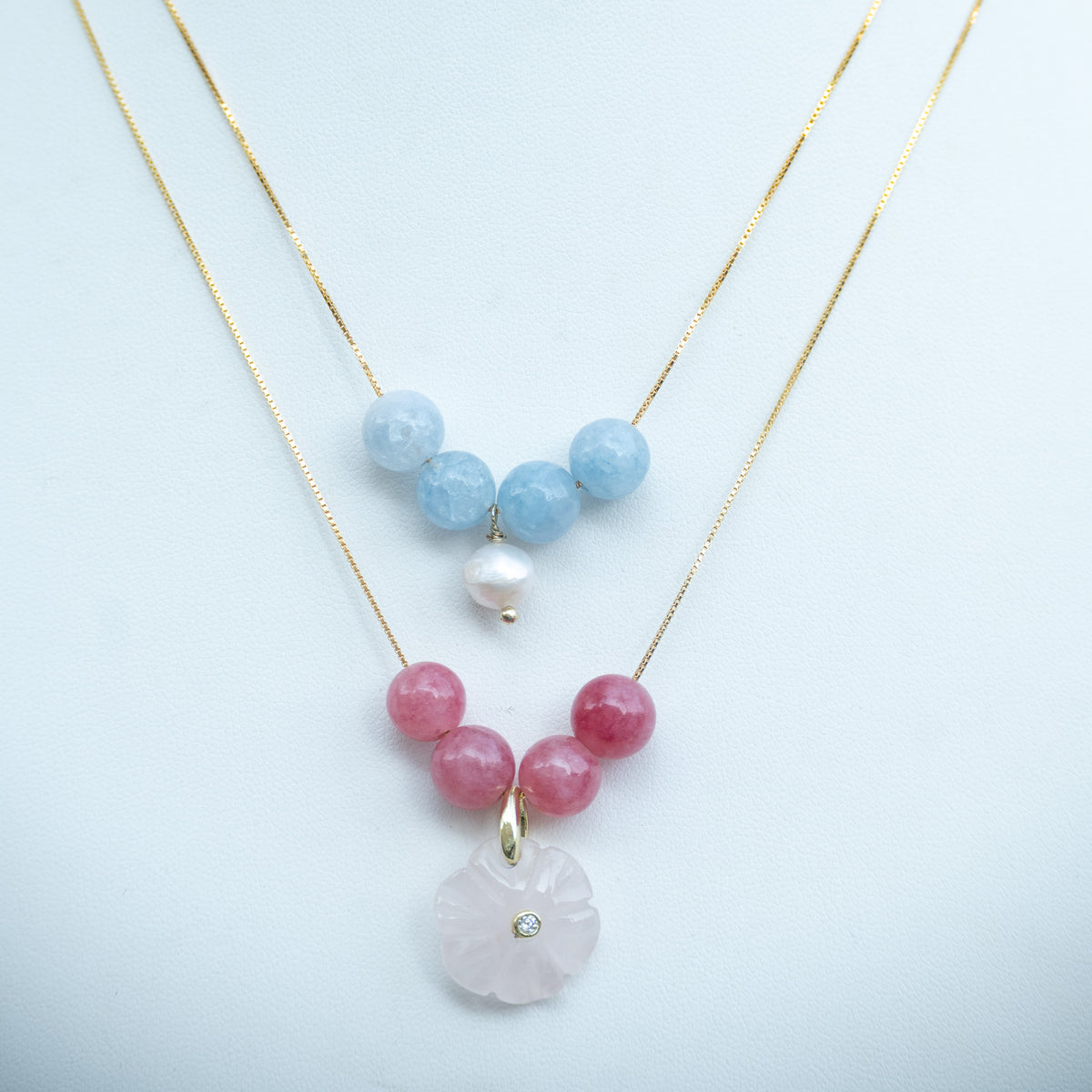 18ct Gold Plated Sterling Silver Four-Stone Slider Necklace with Flower or Pearl Pendant – 42cm / 45cm