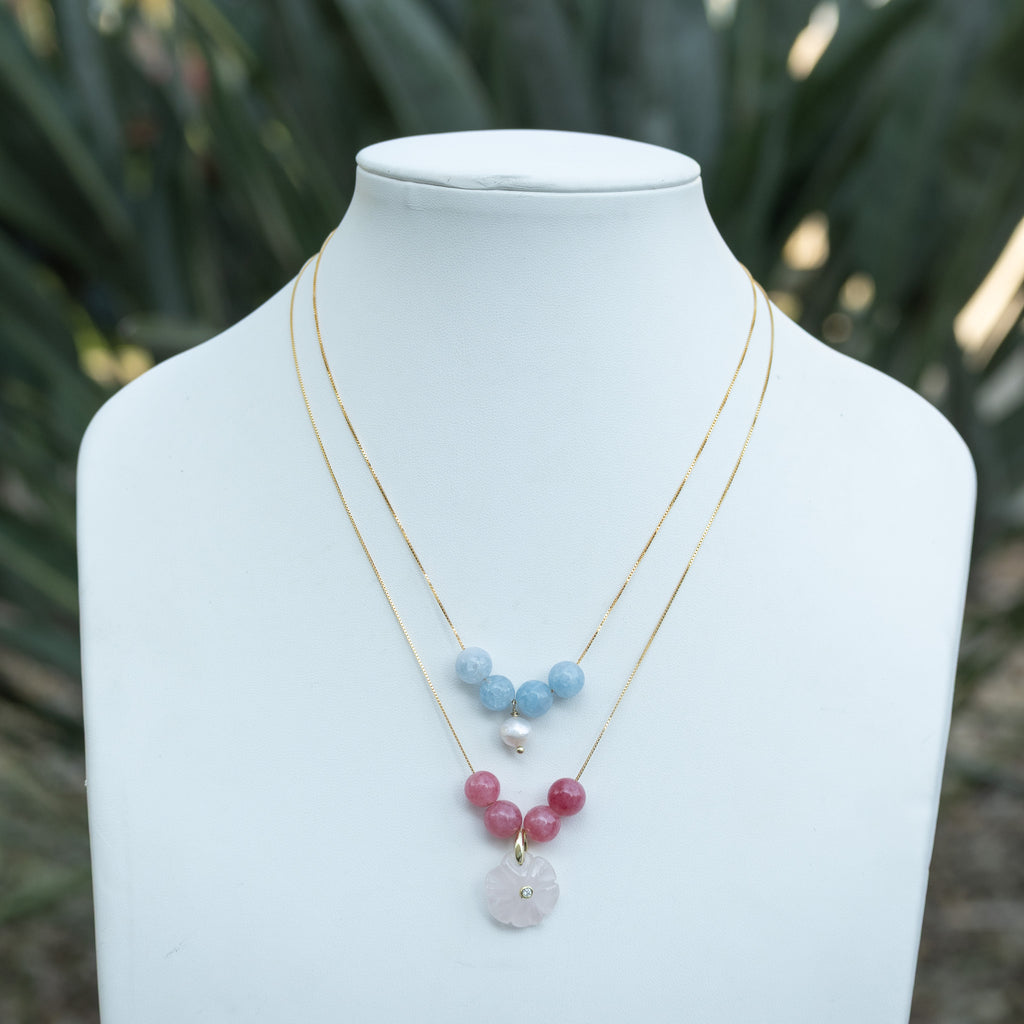 18ct Gold Plated Sterling Silver Four-Stone Slider Necklace with Flower or Pearl Pendant – 42cm / 45cm