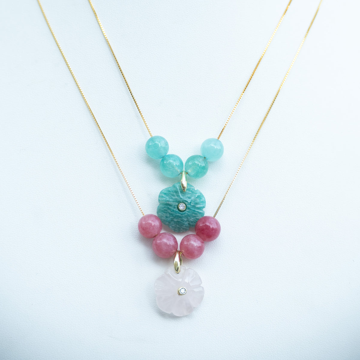18ct Gold Plated Sterling Silver Four-Stone Slider Necklace with Flower or Pearl Pendant – 42cm / 45cm