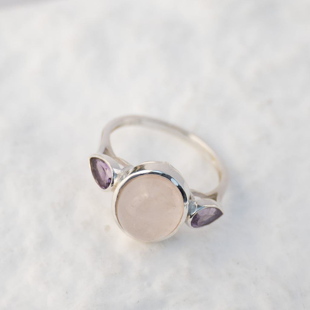 Sterling Silver Rose Quartz & Amethyst Three-Stone Ring