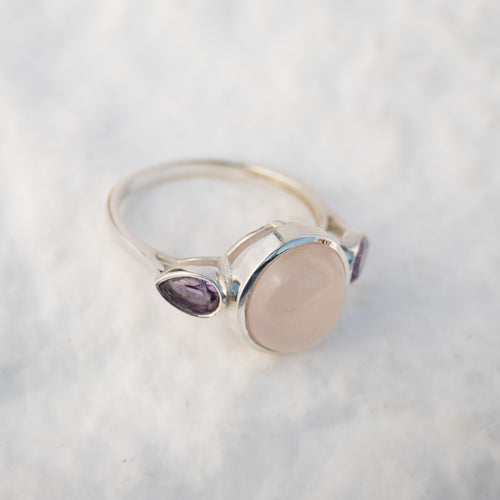 Sterling Silver Rose Quartz & Amethyst Three-Stone Ring