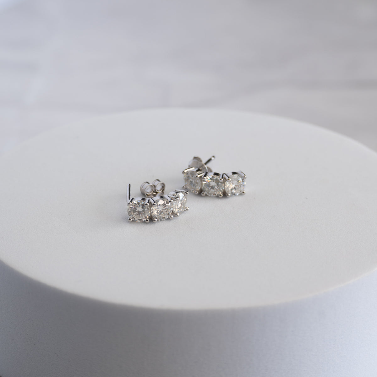Sterling Silver Three-Stone Moissanite Stud Earrings – 3ct