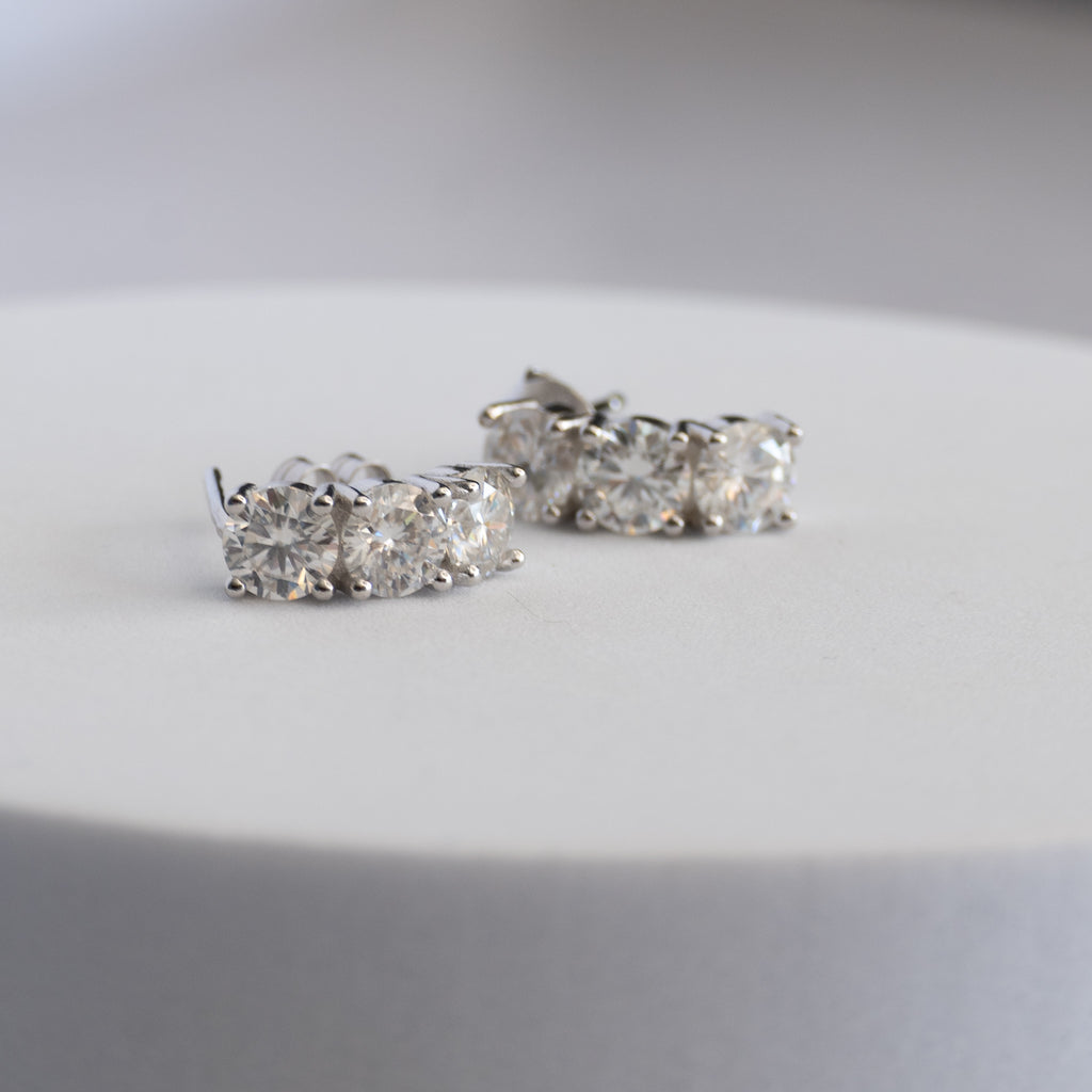 Sterling Silver Three-Stone Moissanite Stud Earrings – 3ct