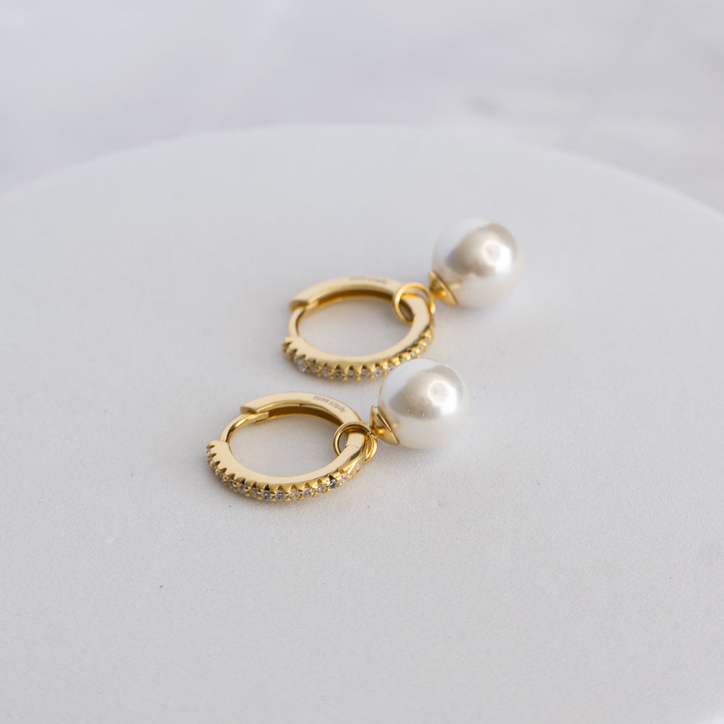 18ct Gold Plated Sterling Silver Pretty Woman Freshwater Pearl Huggie Earrings