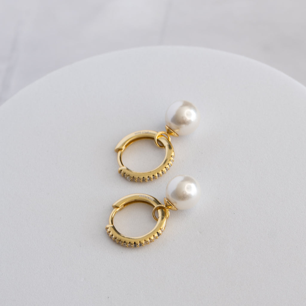 18ct Gold Plated Sterling Silver Pretty Woman Freshwater Pearl Huggie Earrings