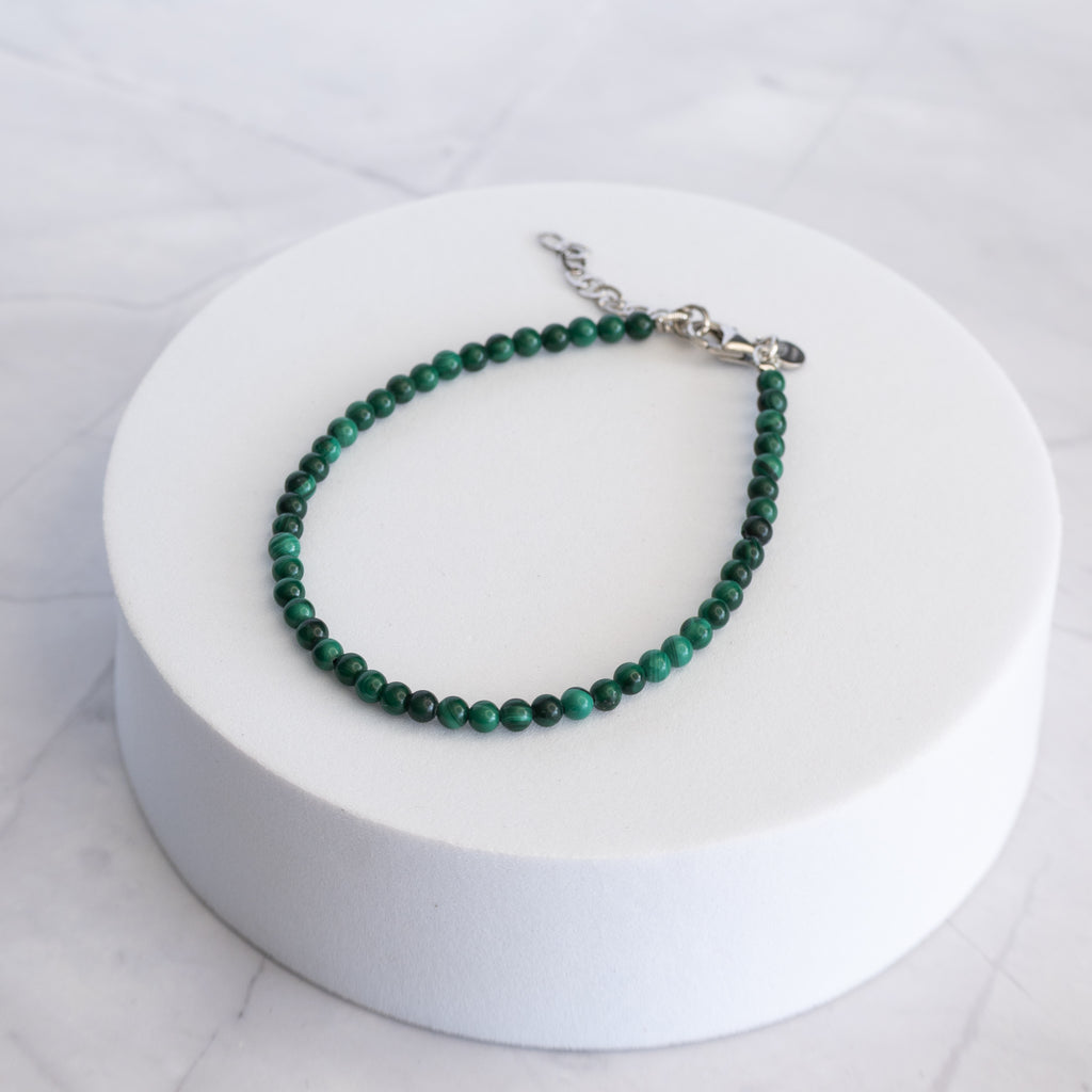 Malachite Gemstone Bracelet with Sterling Silver Clasp – 3–4mm | 17–20cm