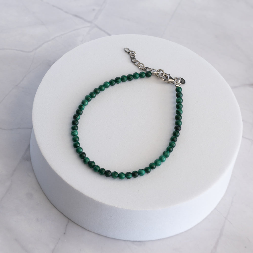 Malachite Gemstone Bracelet with Sterling Silver Clasp – 3–4mm | 17–20cm