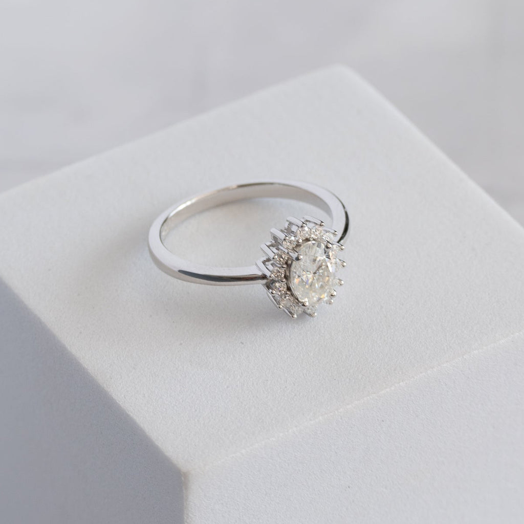 Sterling Silver 1ct Moissanite Oval Halo Cluster Flower Ring