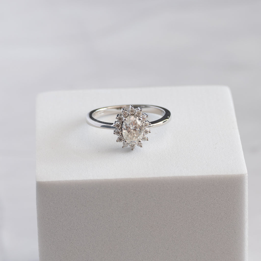 Sterling Silver 1ct Moissanite Oval Halo Cluster Flower Ring