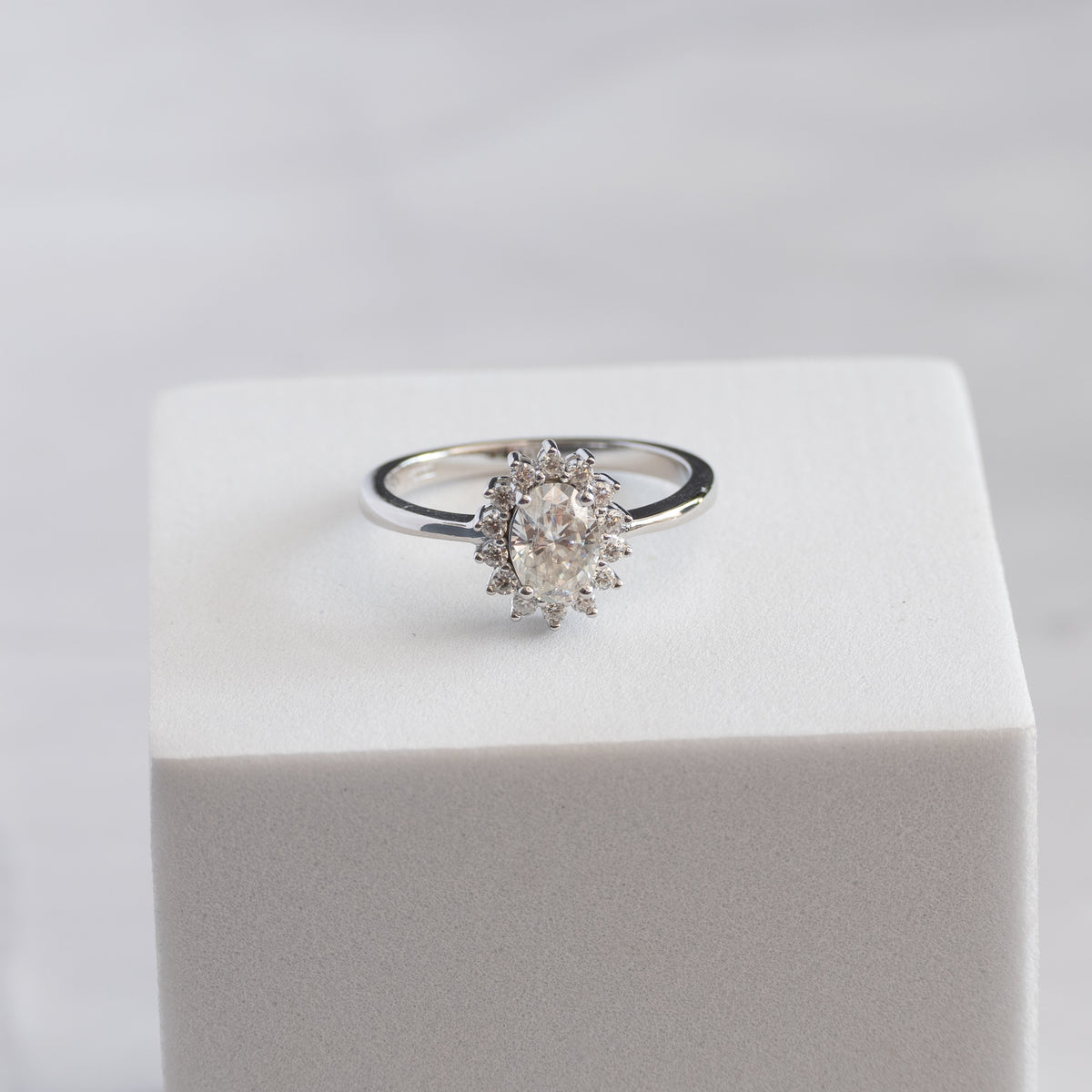 Sterling Silver 1ct Moissanite Oval Halo Cluster Flower Ring