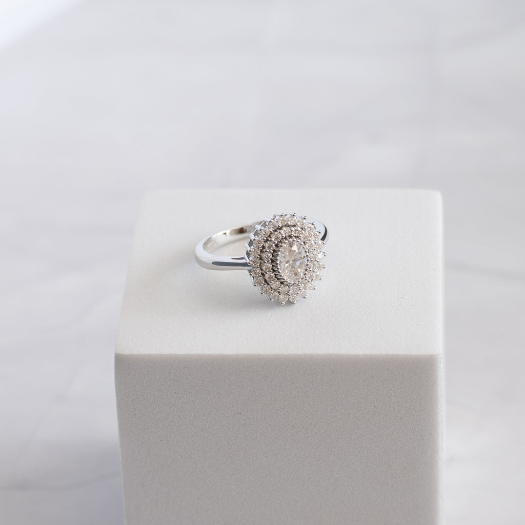 Sterling Silver 1ct Moissanite Oval Double Halo Cluster Ring – 15 x 13mm