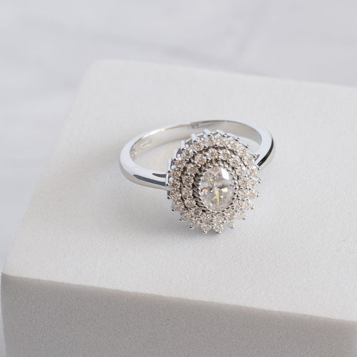 Sterling Silver 1ct Moissanite Oval Double Halo Cluster Ring – 15 x 13mm