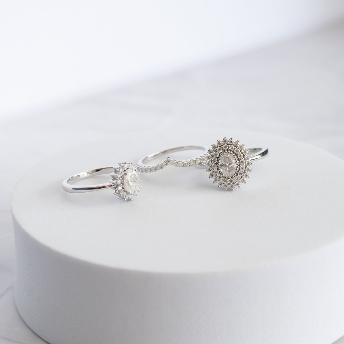Sterling Silver 1ct Moissanite Oval Halo Cluster Flower Ring