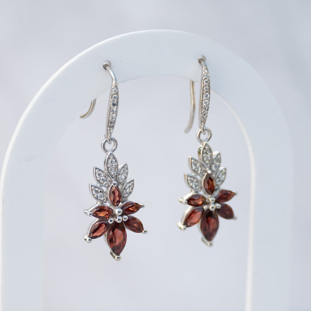Sterling Silver Garnet & Cubic Zirconia Flower Drop Earrings – 40mm