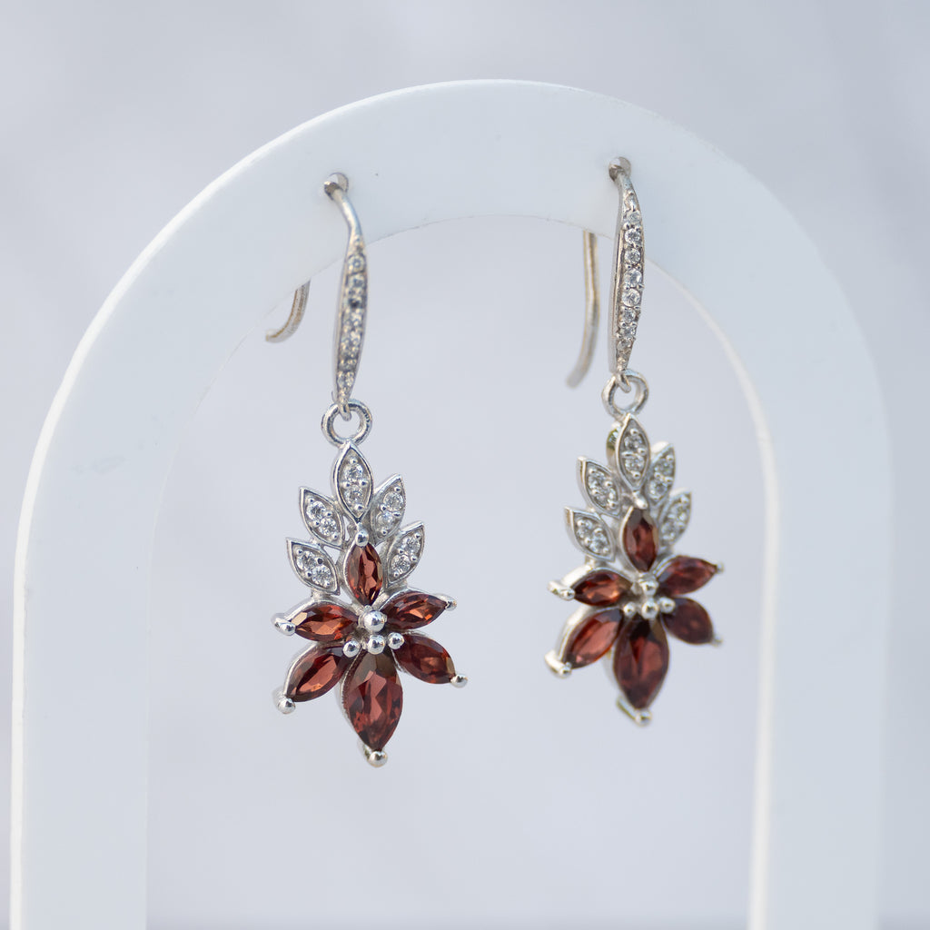 Sterling Silver Garnet & Cubic Zirconia Flower Drop Earrings – 40mm