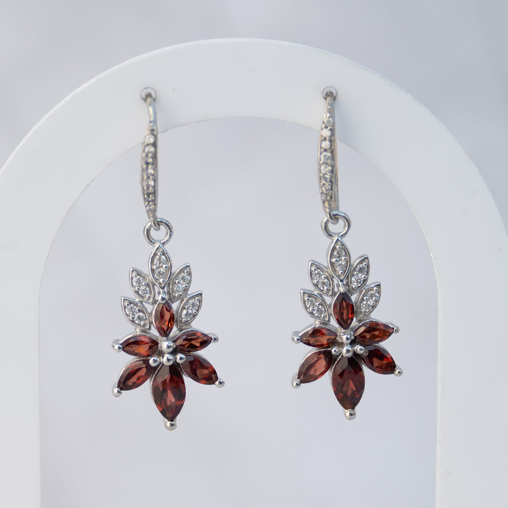 Sterling Silver Garnet & Cubic Zirconia Flower Drop Earrings – 40mm