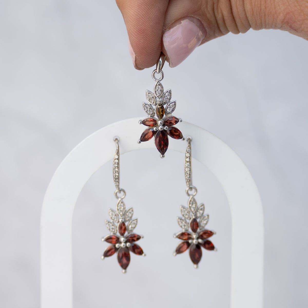 Sterling Silver Garnet & Cubic Zirconia Flower Drop Earrings – 40mm