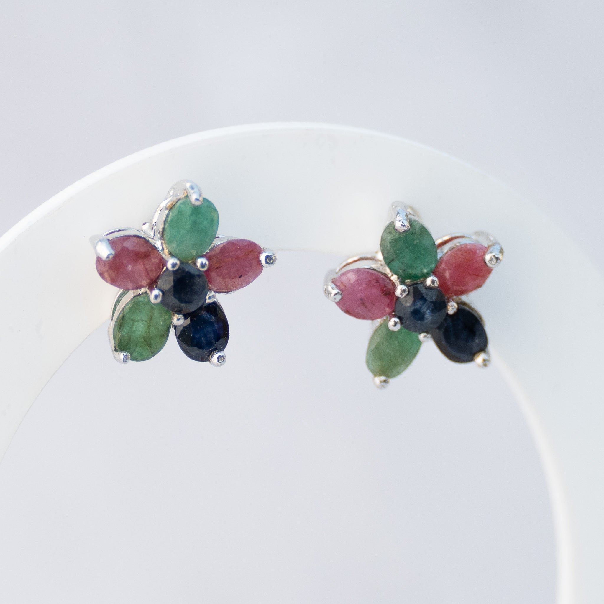 Sterling Silver Ruby, Emerald & Sapphire Flower Stud Earrings – 15mm
