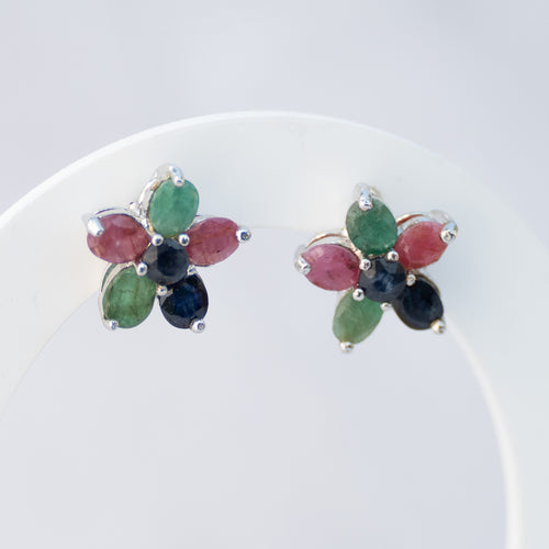 Sterling Silver Ruby, Emerald & Sapphire Flower Stud Earrings – 15mm