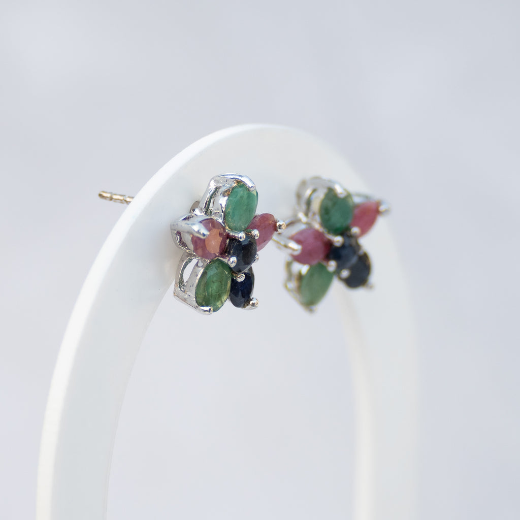 Sterling Silver Ruby, Emerald & Sapphire Flower Stud Earrings – 15mm