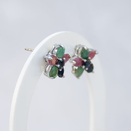 Sterling Silver Ruby, Emerald & Sapphire Flower Stud Earrings – 15mm