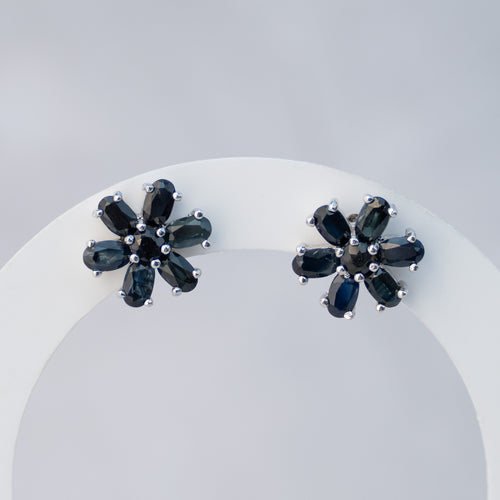 Sterling Silver Sapphire Flower Stud Earrings – 15mm