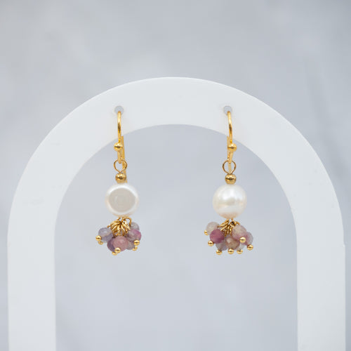18ct Gold-Plated Sterling Silver Pearl & Tourmaline Drop Earrings – 30mm