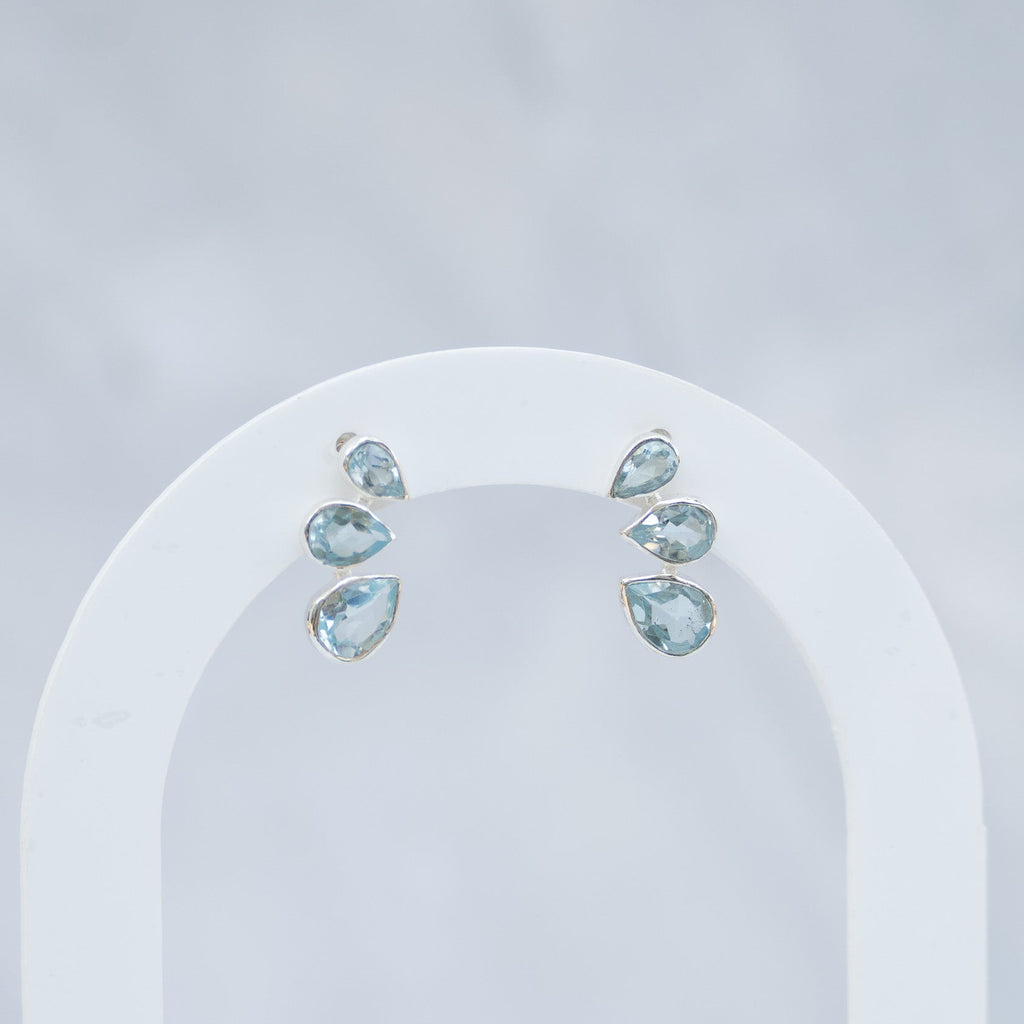 Sterling Silver Blue Topaz Three-Stone Stud Earrings - Terciany 