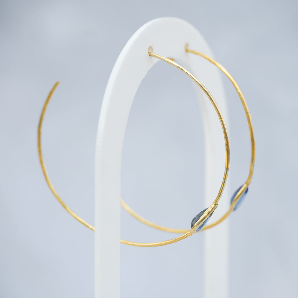 18ct Gold-Plated Sterling Silver Tanzanite Hoop Earrings – 50mm