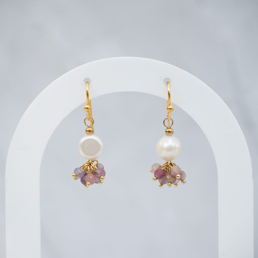 18ct Gold-Plated Sterling Silver Pearl & Tourmaline Drop Earrings – 30mm