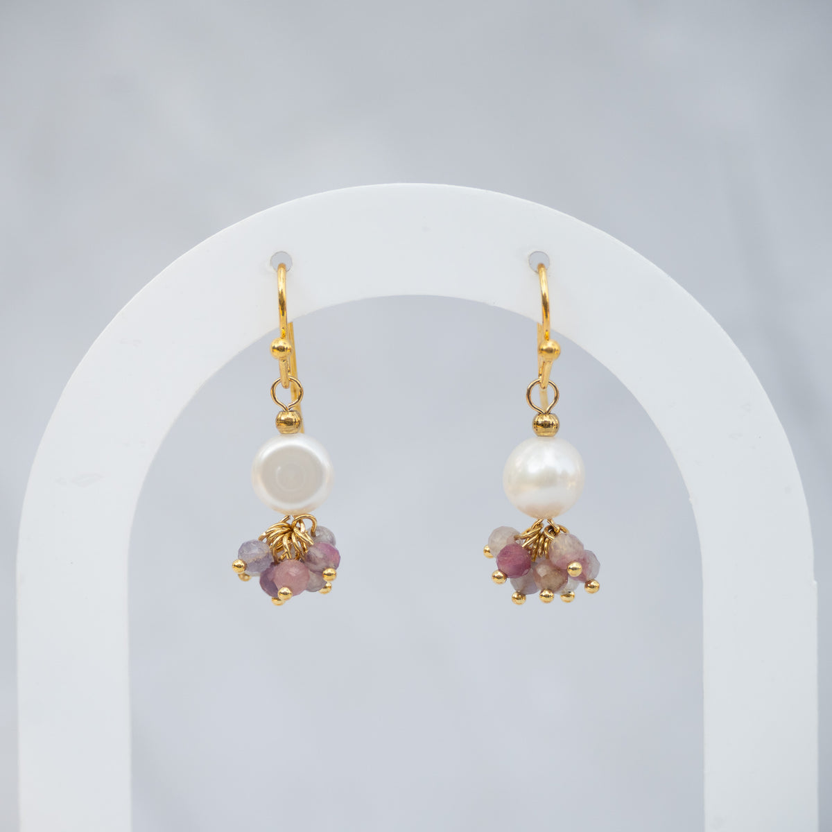 18ct Gold-Plated Sterling Silver Pearl & Tourmaline Drop Earrings – 30mm