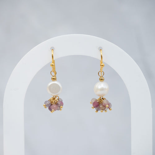 18ct Gold-Plated Sterling Silver Pearl & Tourmaline Drop Earrings – 30mm