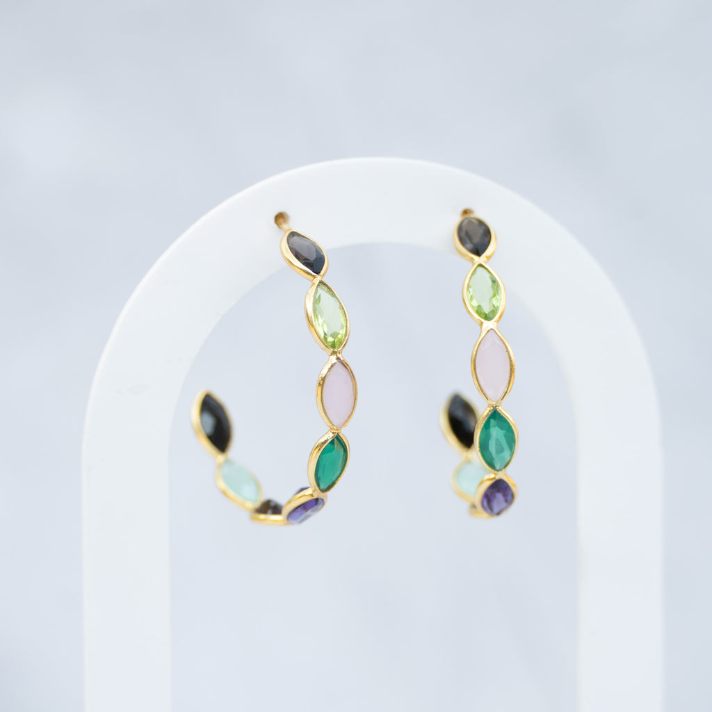 Semi Precious Stones 30 mm Hoop Earrings In Gold Setting - Terciany 