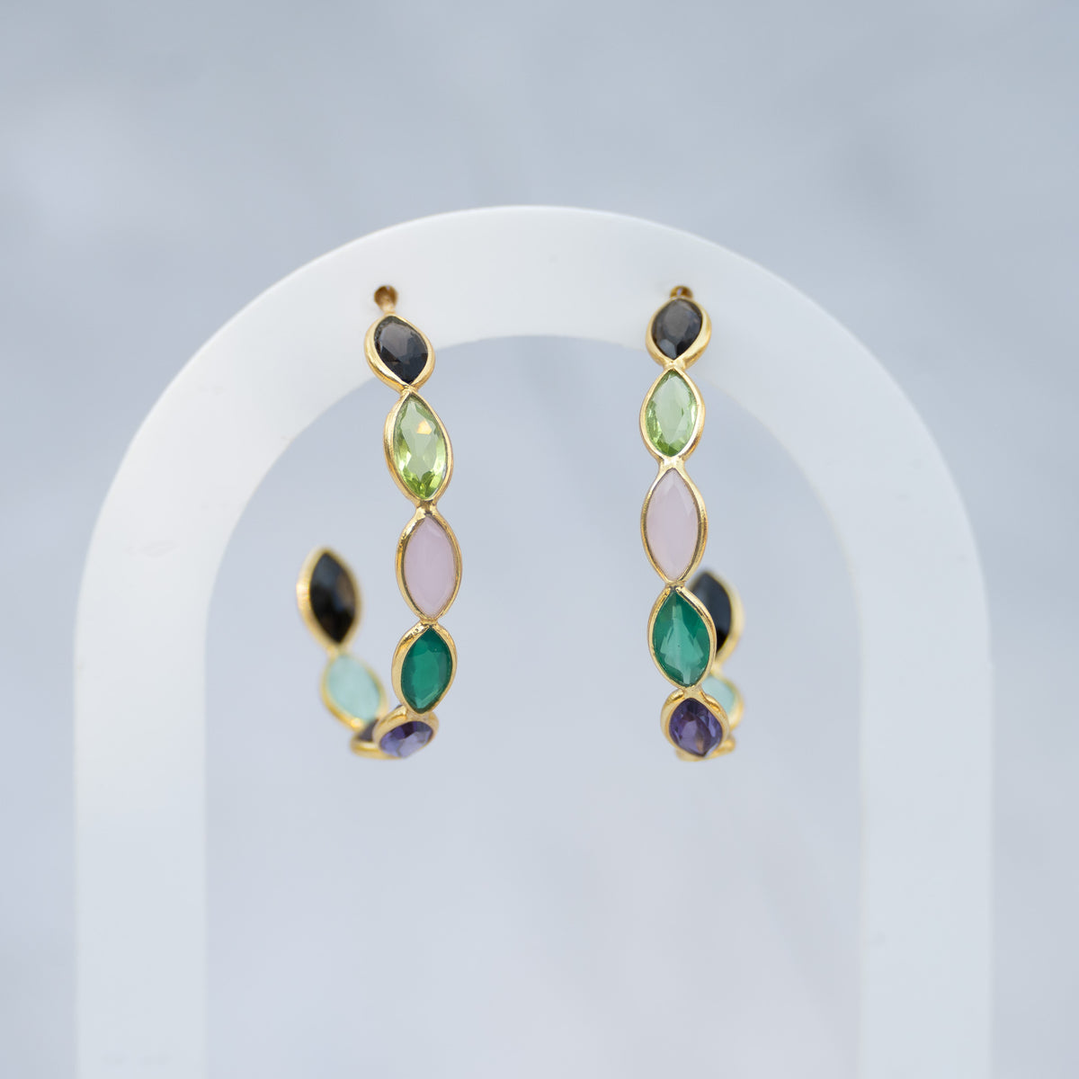 Semi Precious Stones 30 mm Hoop Earrings In Gold Setting