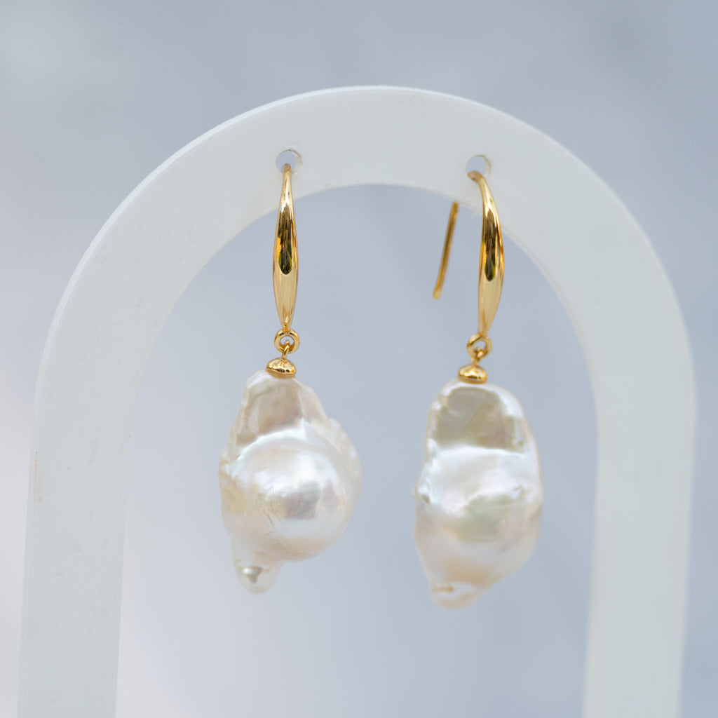 18ct Gold-Plated Sterling Silver Baroque Pearl Drop Earrings – 43mm