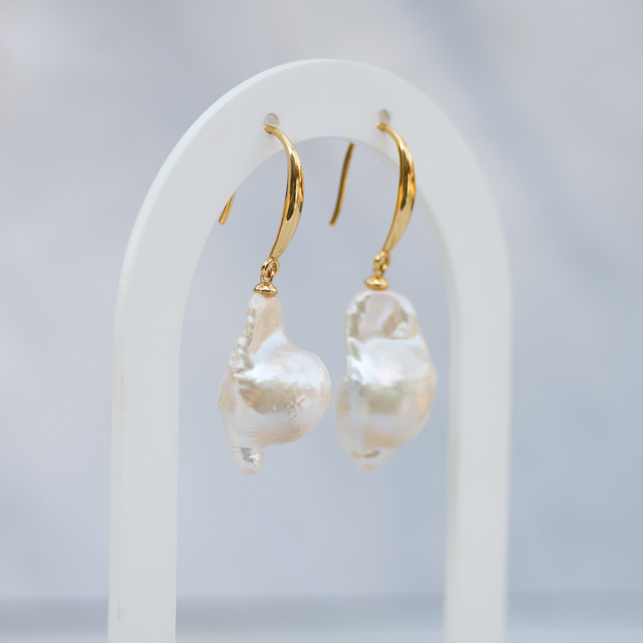 18ct Gold-Plated Sterling Silver Baroque Pearl Drop Earrings – 43mm