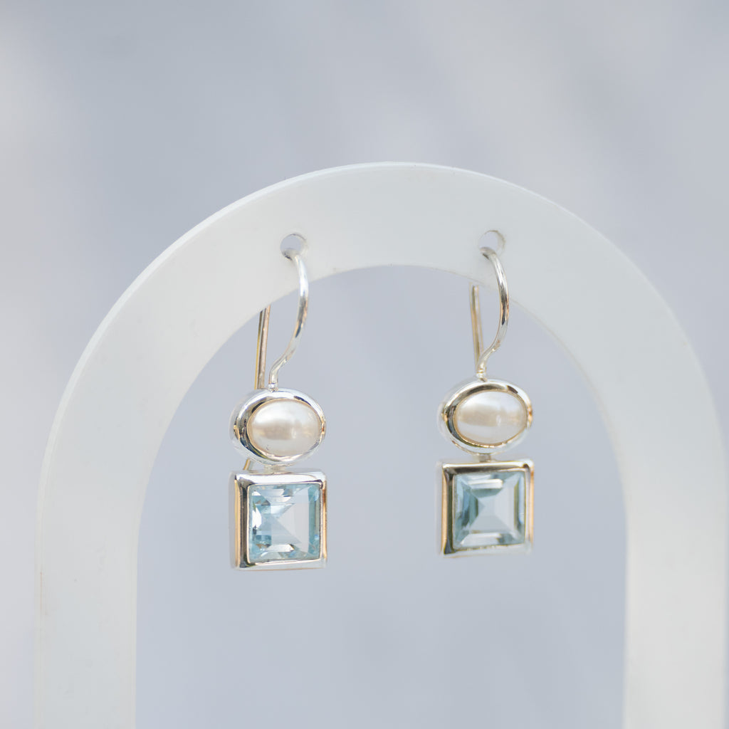 Sterling Silver Freshwater Pearl & Blue Topaz Drop Earrings