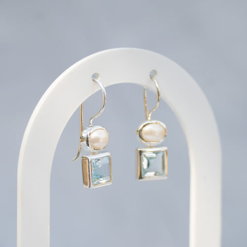 Sterling Silver Freshwater Pearl & Blue Topaz Drop Earrings