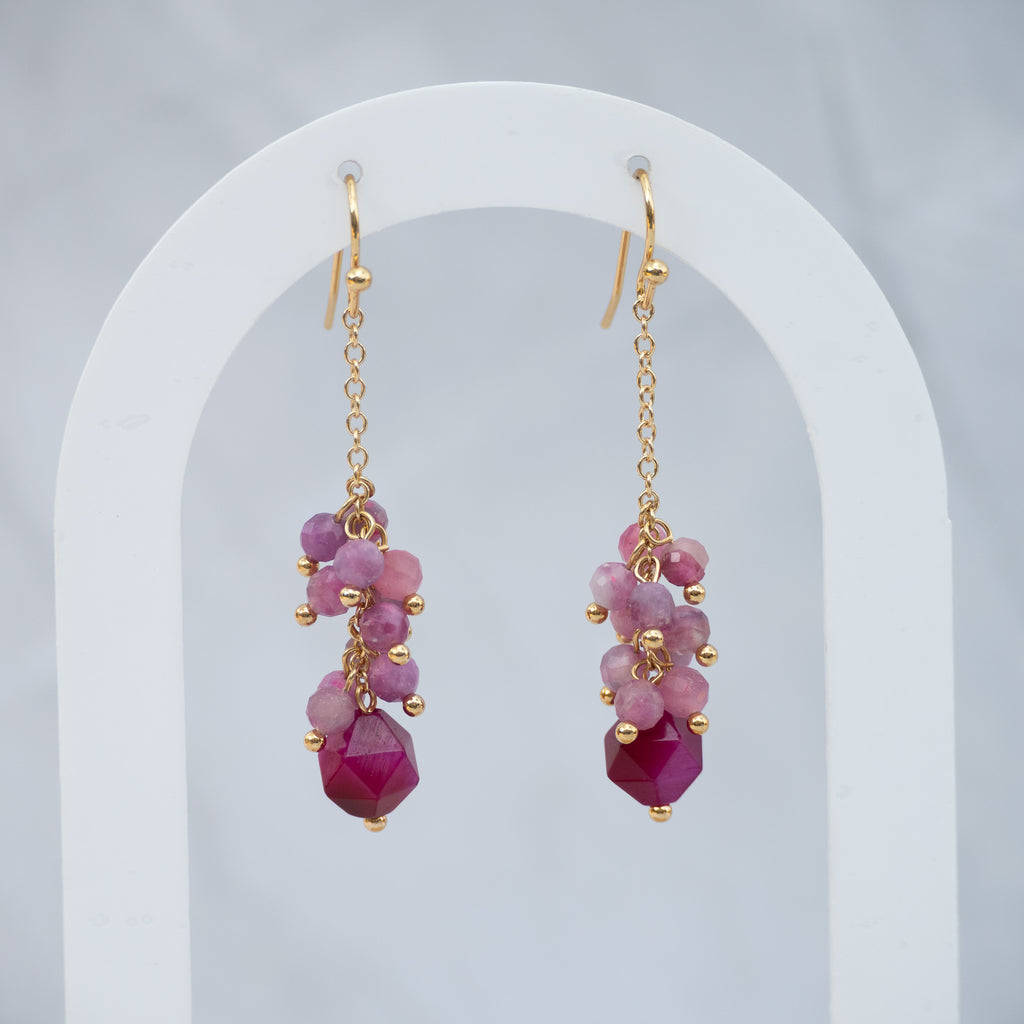 18ct Gold-Plated Sterling Silver Tourmaline & Agate Drop Earrings – 50mm
