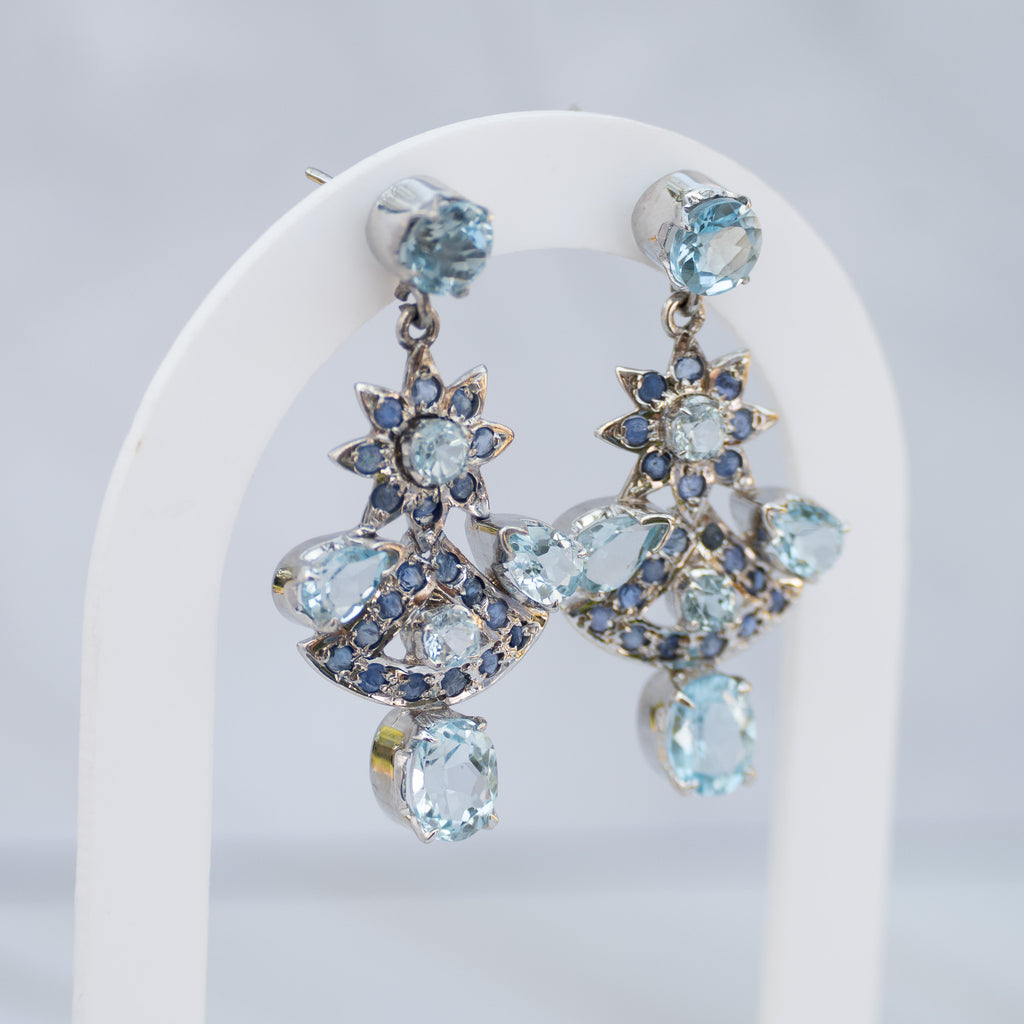 Sterling Silver Blue Topaz & Tanzanite Statement Drop Earrings – 50 x 23mm