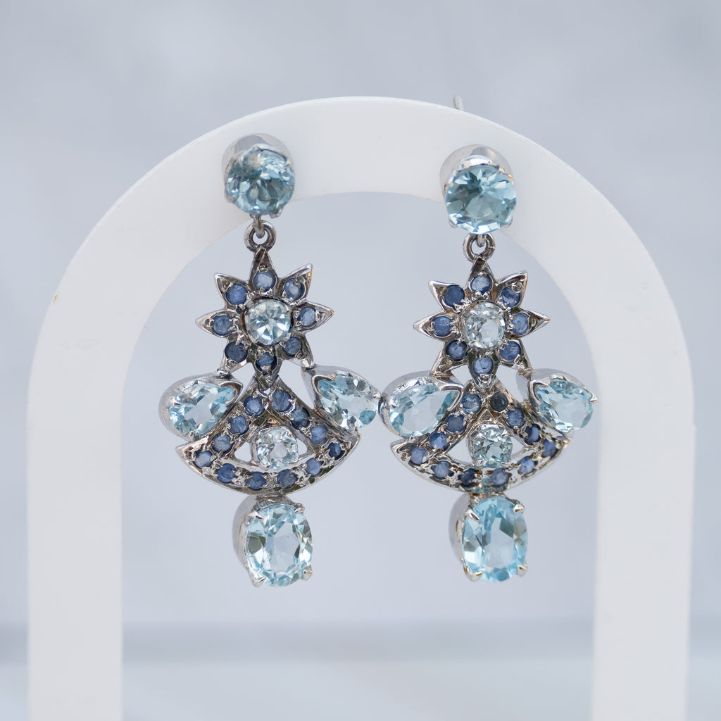 Sterling Silver Blue Topaz & Tanzanite Statement Drop Earrings – 50 x 23mm