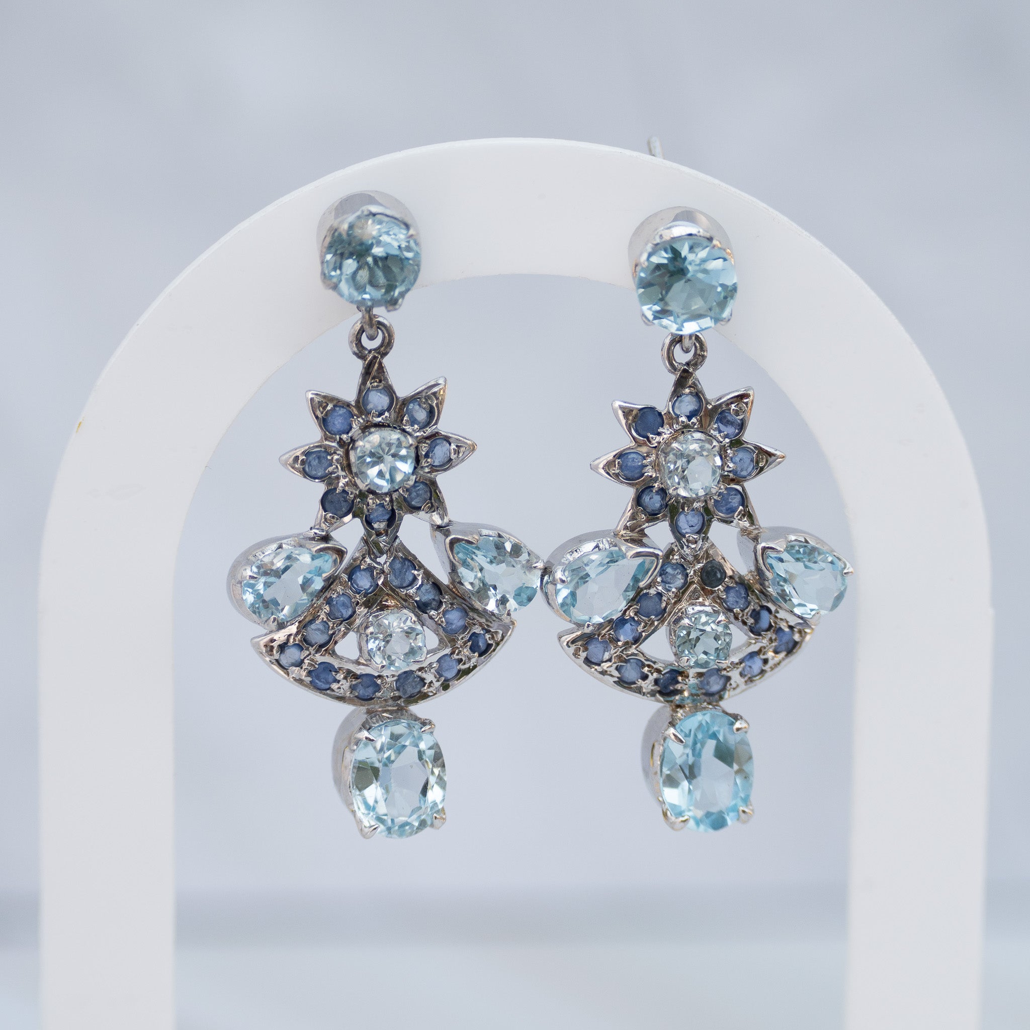 Sterling Silver Blue Topaz & Tanzanite Statement Drop Earrings – 50 x 23mm