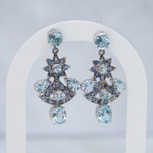Sterling Silver Blue Topaz & Tanzanite Statement Drop Earrings – 50 x 23mm