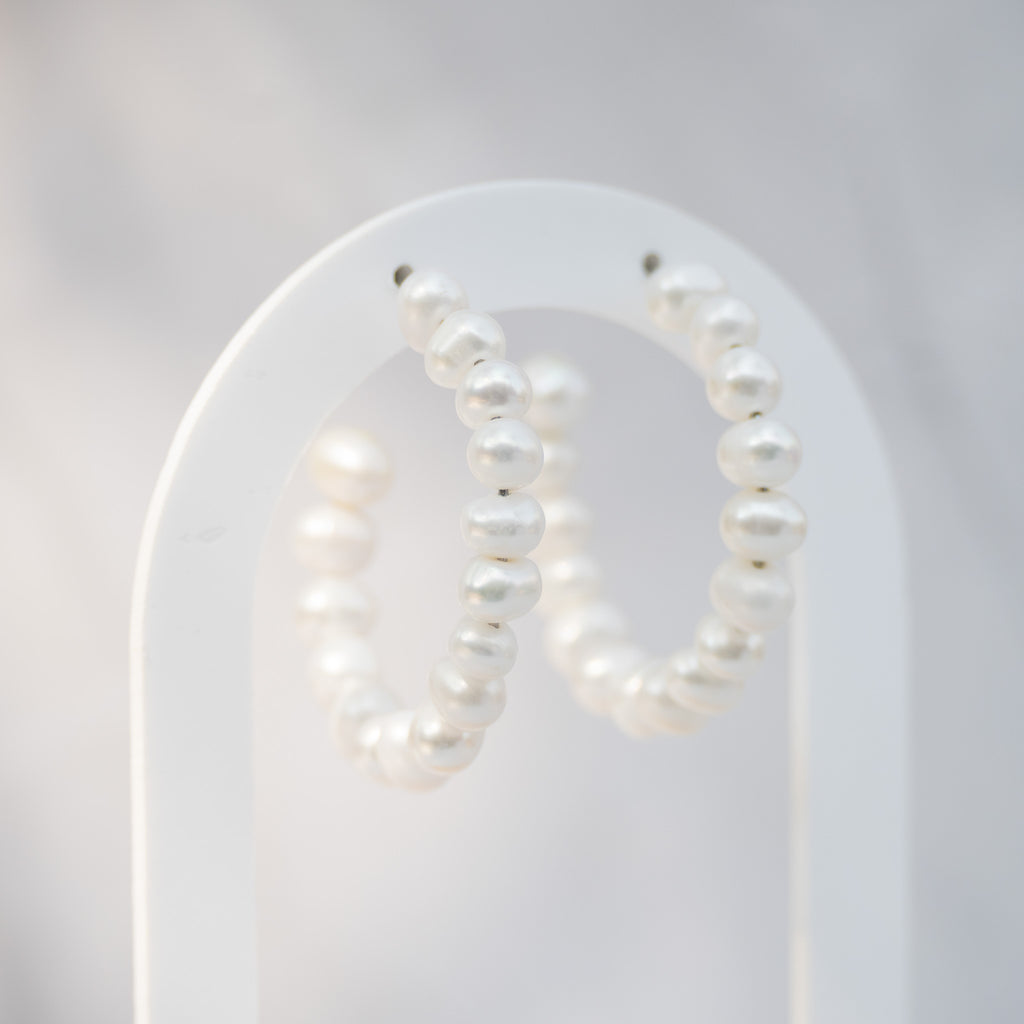 Sterling Silver Freshwater Pearl Hoop Earrings – 40mm - Terciany 